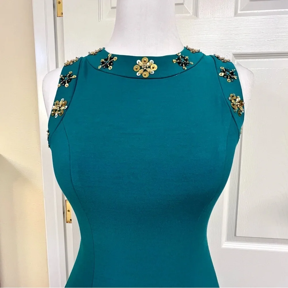 NWT Badgley Mischka emerald green fit flare dress embellished holidays women’s 0